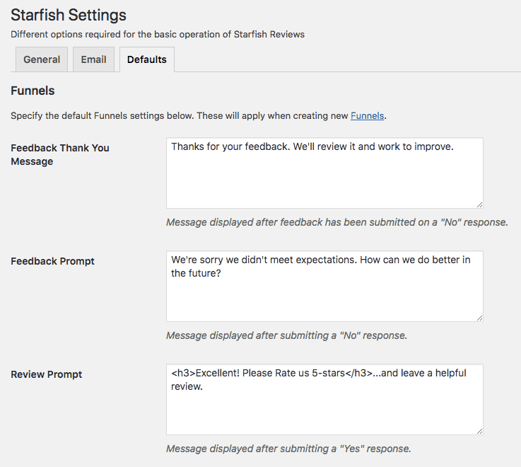 starfish reviews funnel defaults