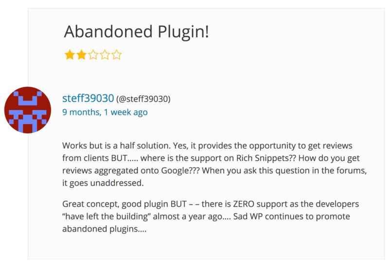 Review on WP.org for Rich Reviews plugin. Titled "Abandoned Plugin!"