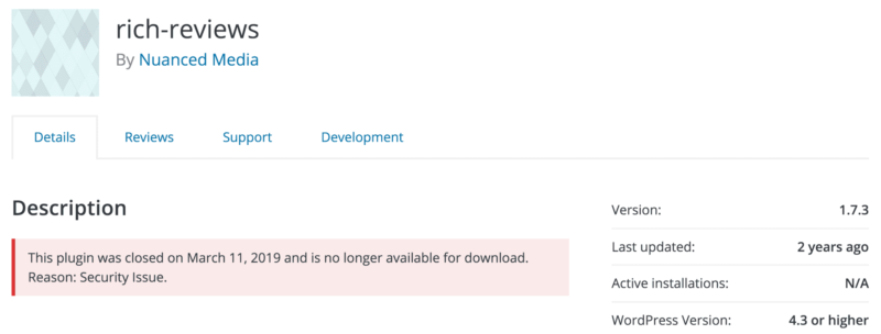 Rich Reviews plugin closed on WordPress.org plugin repository.