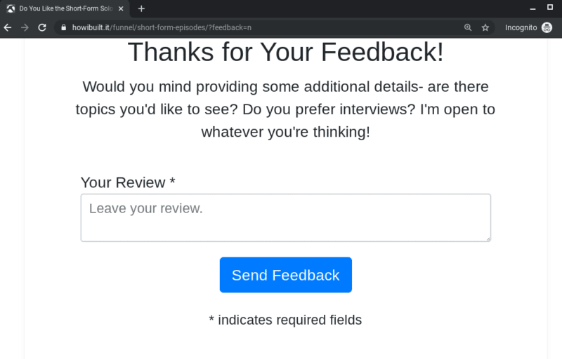 Screenshot of negative review funnel