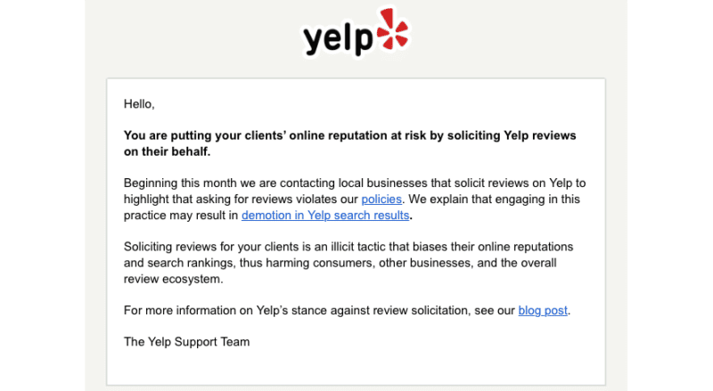 Yelp Review Solicitation Notice
