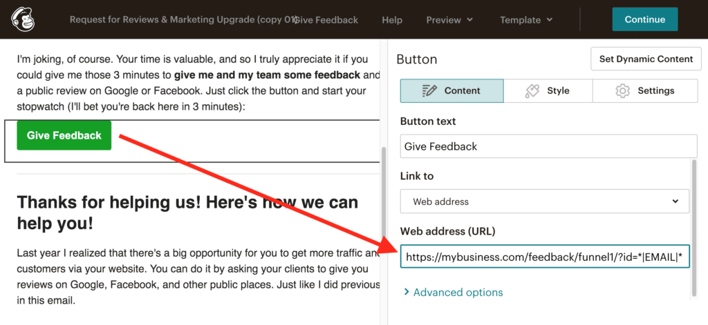 Mailchimp button link settings for Starfish Reviews funnel ID set to subscriber's email.