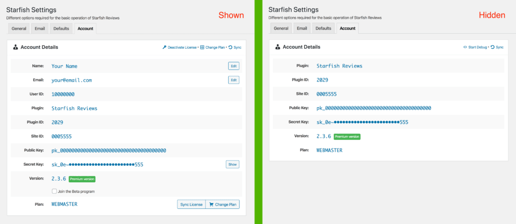 Starfish Reviews account information shown vs hidden.