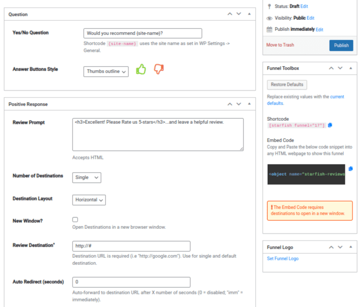 Starfish Reviews - Review Funnel Settings