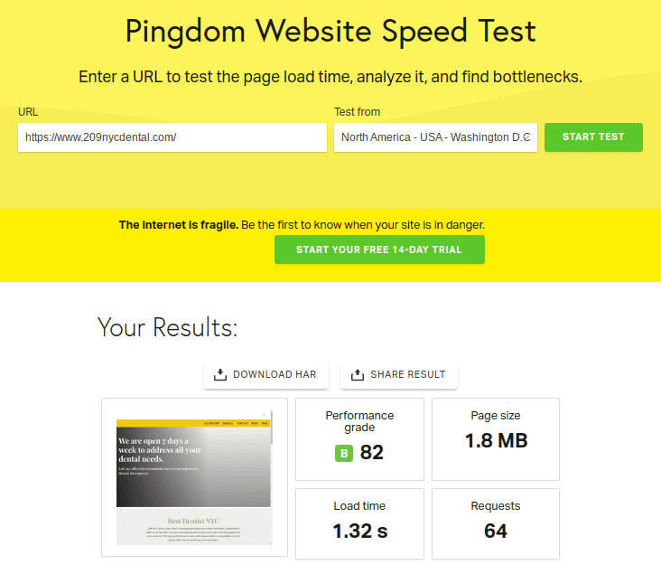 Healthcare Website - Pingdom Results