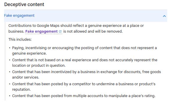 Google's Guidelines for Fake Reviews