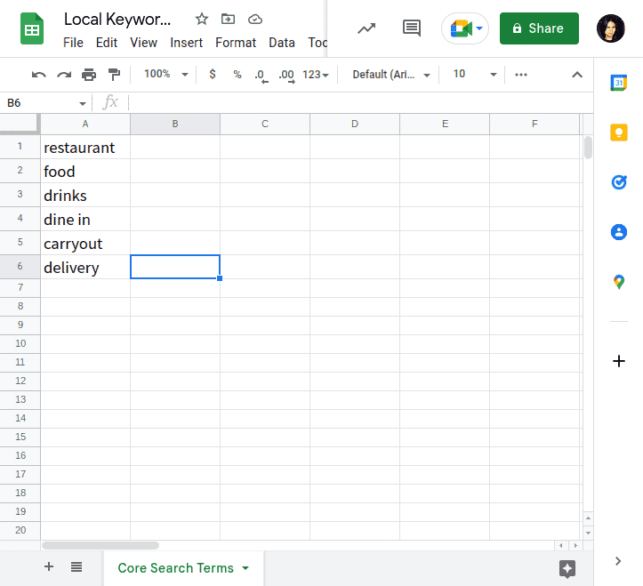 Spreadsheet - Core Search Terms